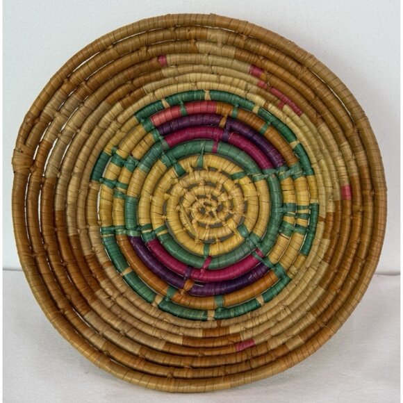 Hand Woven Coiled Basket 9" Round Southwestern Tribal Boho Chic Geometric #5 - Picture 1 of 6